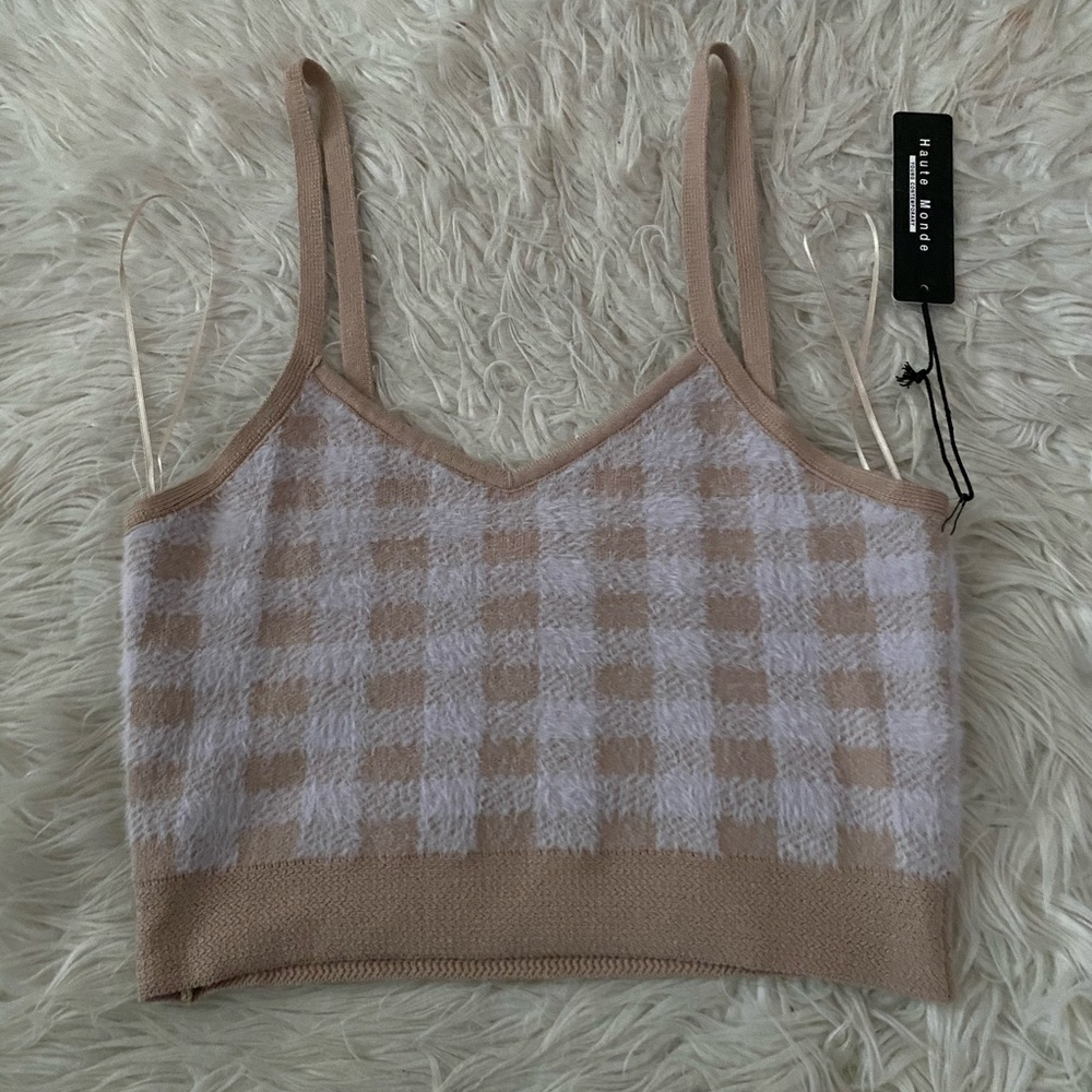 NWT preppy fuzzy plaid print cropped tank top - Picture 3 of 4